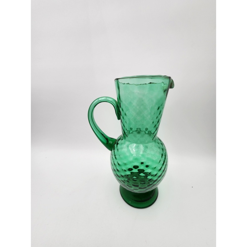 Italian Art Glass Pitcher Green Quilted Diamond Mid Century 10" Tall AS IS